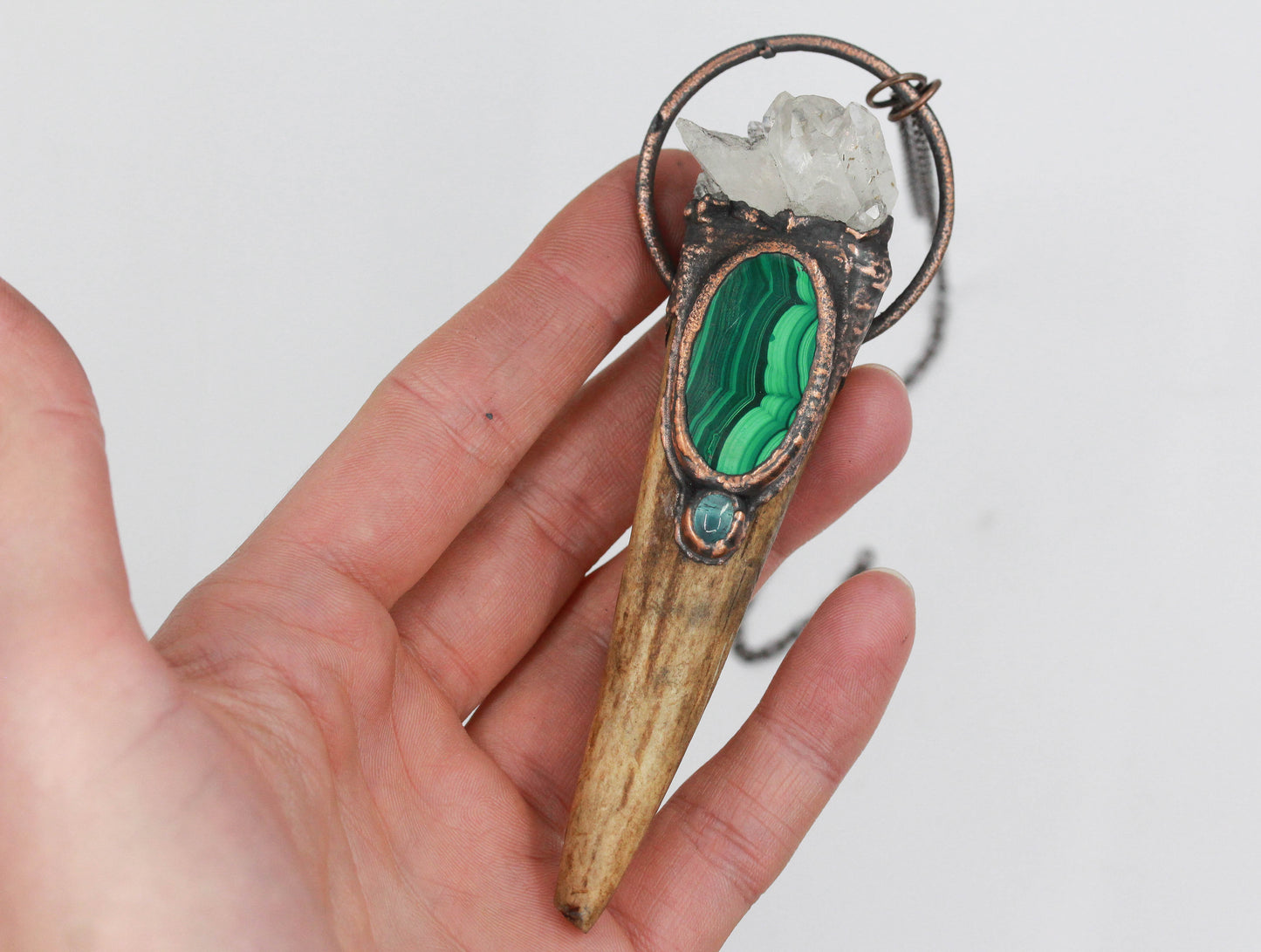 Deer Antler Tip, Quartz & Malachite Necklace