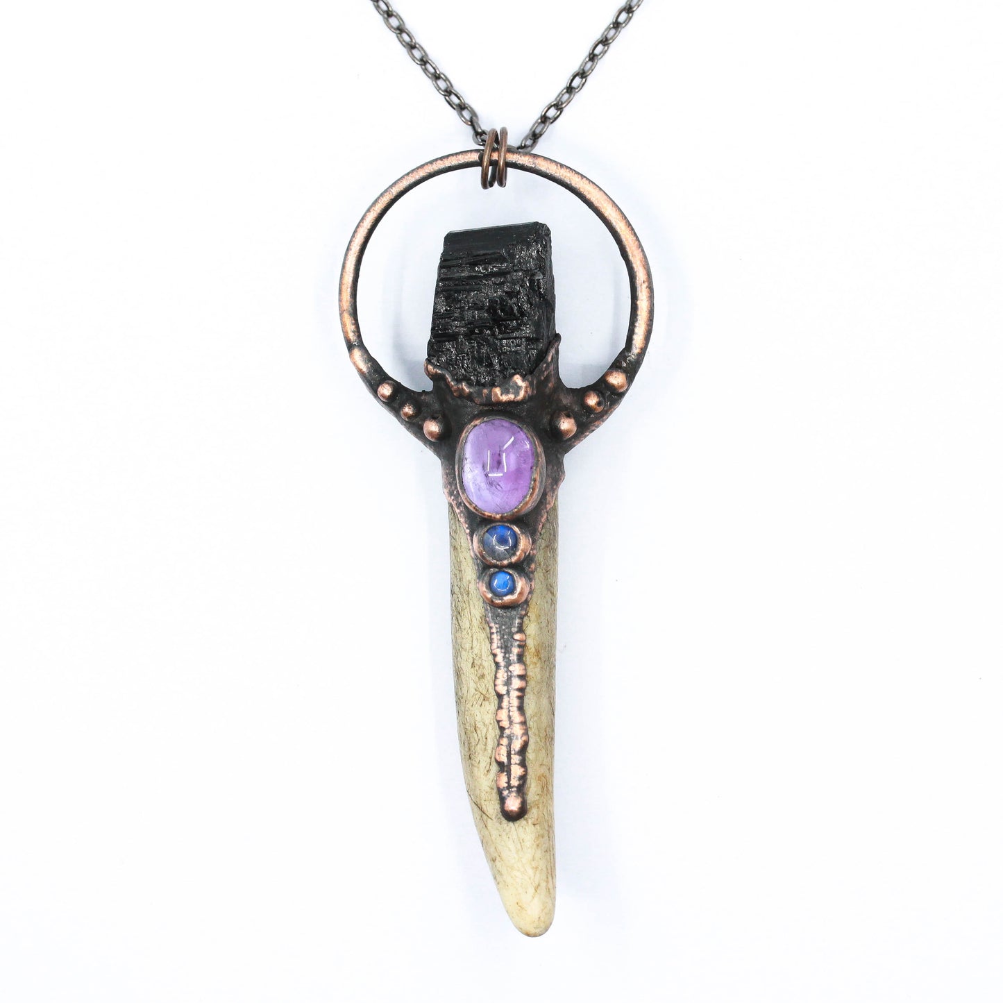 Deer Antler, Tourmaline, Amethyst & Moonstone Necklace
