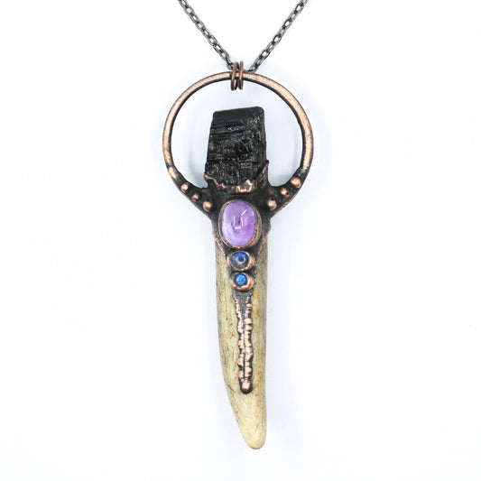 Deer Antler, Tourmaline, Amethyst & Moonstone Necklace