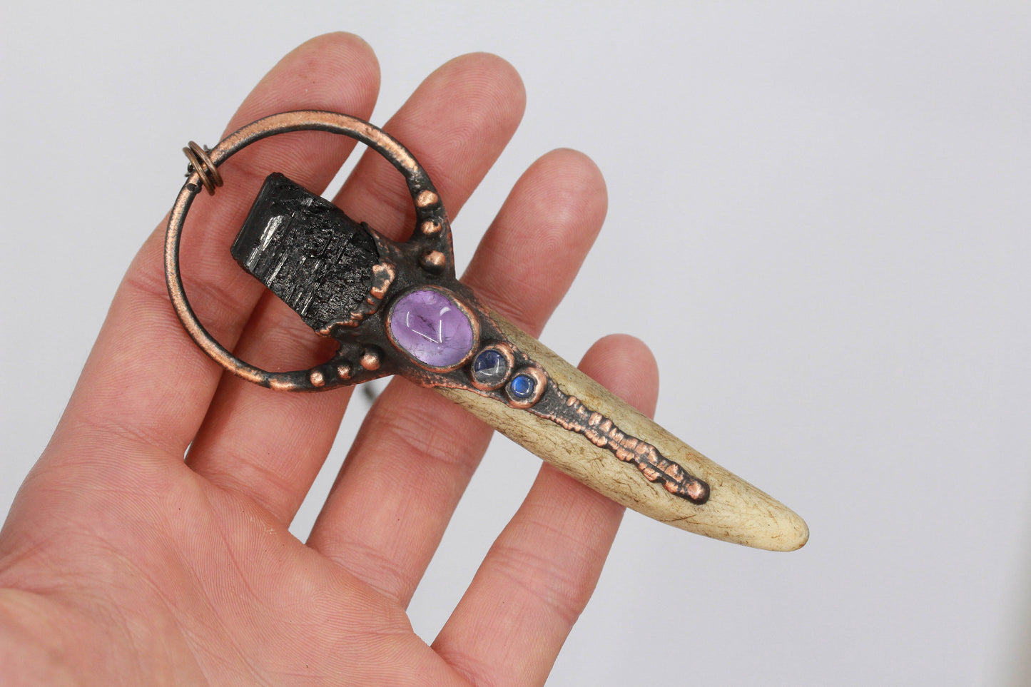 Deer Antler, Tourmaline, Amethyst & Moonstone Necklace