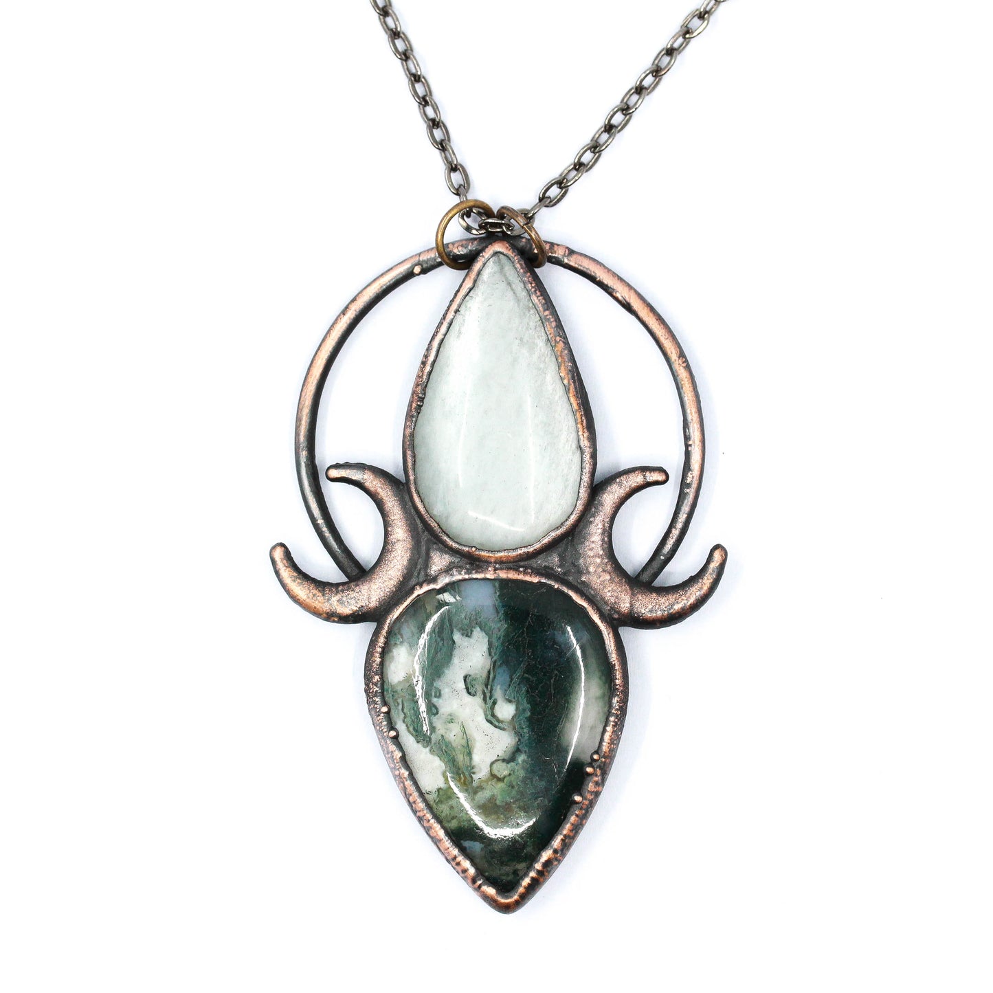 Grey Moonstone & Moss Agate Moon Necklace