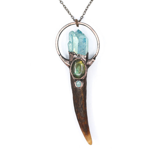 Deer Antler, Aqua Aura Quartz & Labradorite Necklace