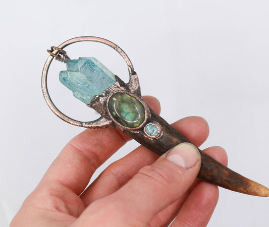 Deer Antler, Aqua Aura Quartz & Labradorite Necklace