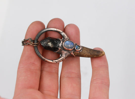 Small Deer Antler, Smoky Quartz & Moonstone Necklace