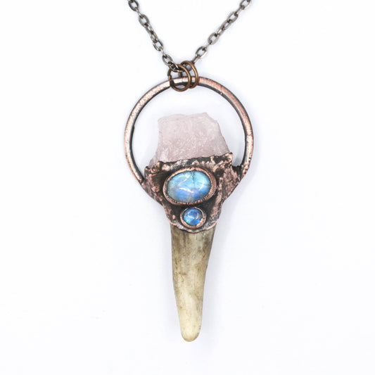 Small Deer Antler, Rose Quartz & Moonstone Necklace