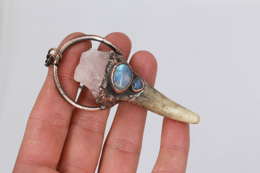 Small Deer Antler, Rose Quartz & Moonstone Necklace