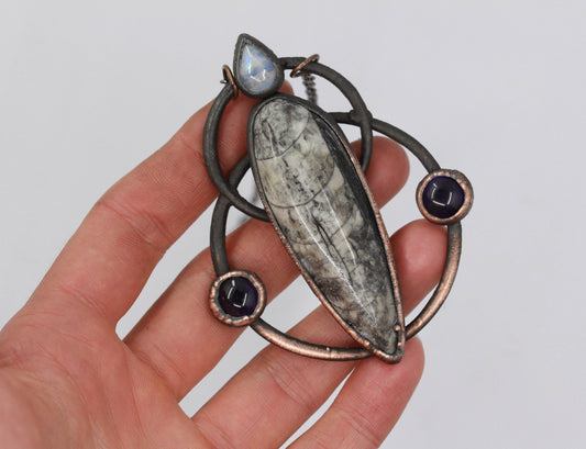 Large Orthoceras Fossil & Amethyst Necklace
