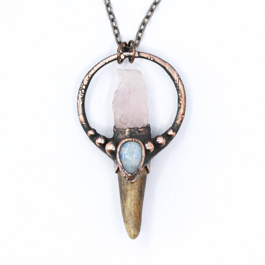 Small Deer Antler, Rose Quartz & Moonstone Necklace