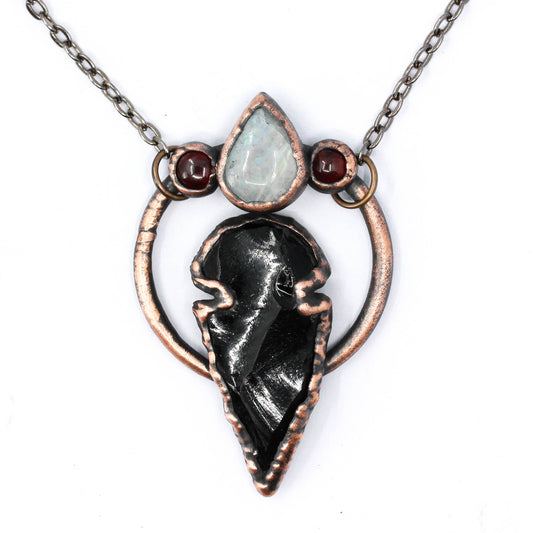 Obsidian Arrowhead, Garnet & Moonstone Necklace