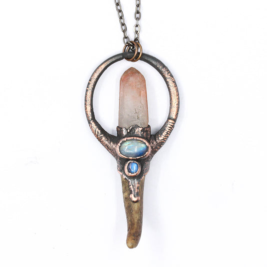 Small Deer Antler, Temple Quartz & Moonstone Necklace