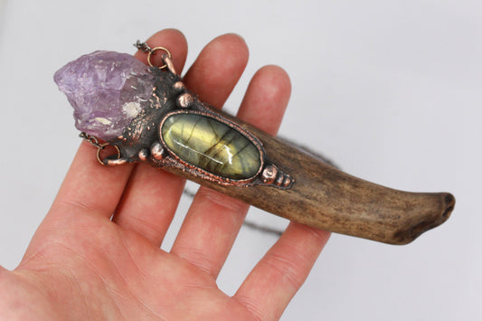 Large Deer Antler, Amethyst & Labradorite Necklace