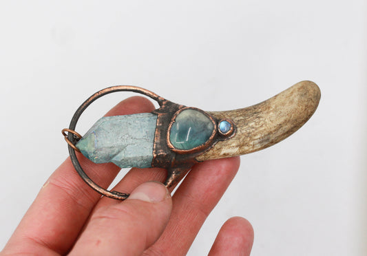 Deer Antler, Aqua Aura Quartz & Fluorite Necklace