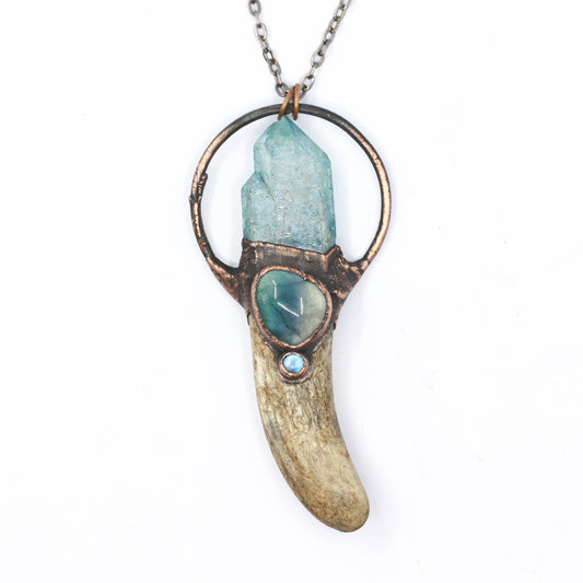 Deer Antler, Aqua Aura Quartz & Fluorite Necklace