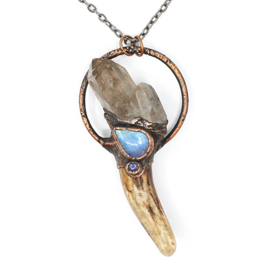 Small Deer Antler, Smoky Quartz & Moonstone Necklace