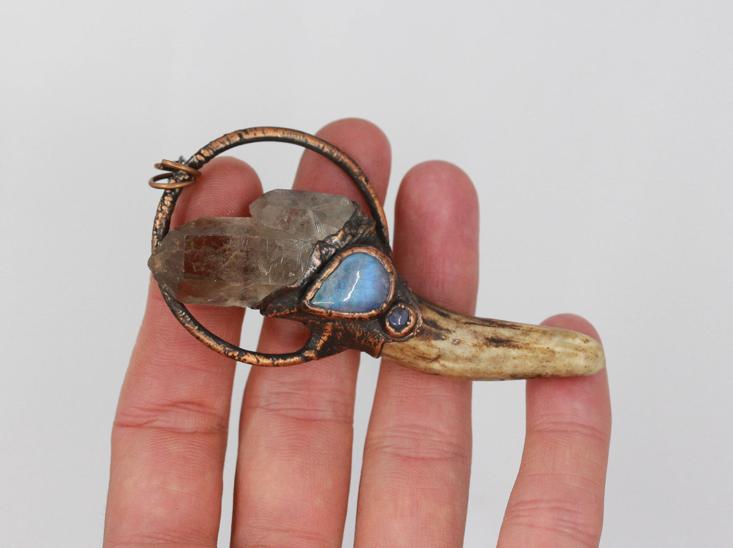 Small Deer Antler, Smoky Quartz & Moonstone Necklace