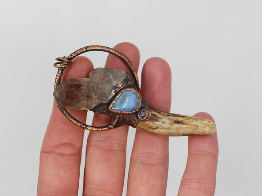 Small Deer Antler, Smoky Quartz & Moonstone Necklace