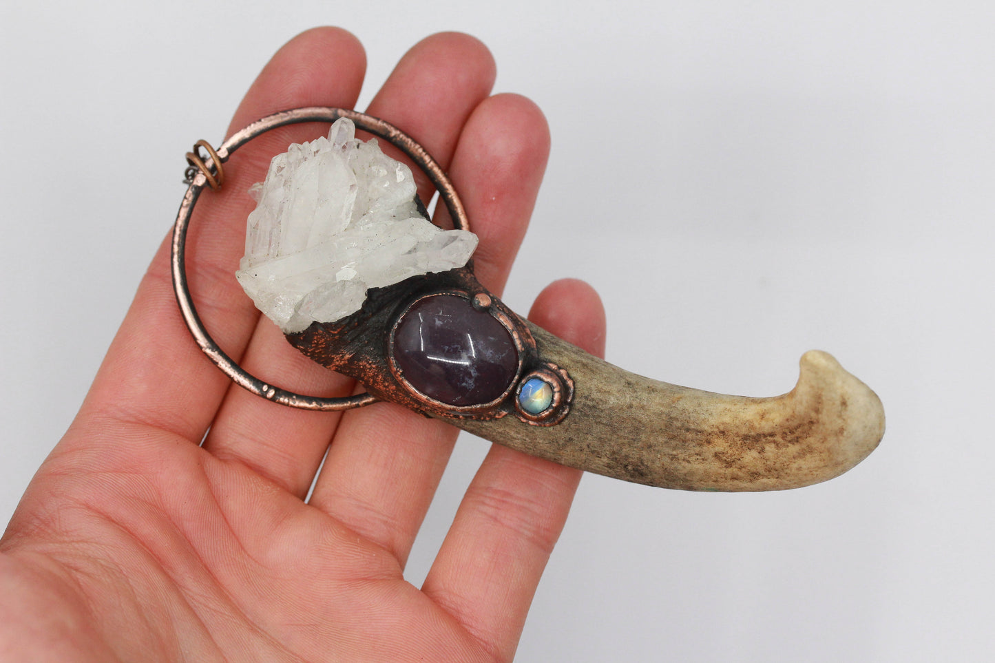 Quartz, Chalcedony & Moonstone Deer Antler Necklace