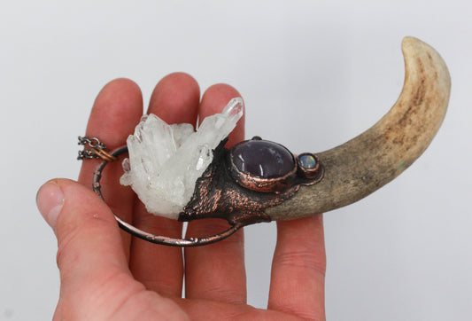 Quartz, Chalcedony & Moonstone Deer Antler Necklace
