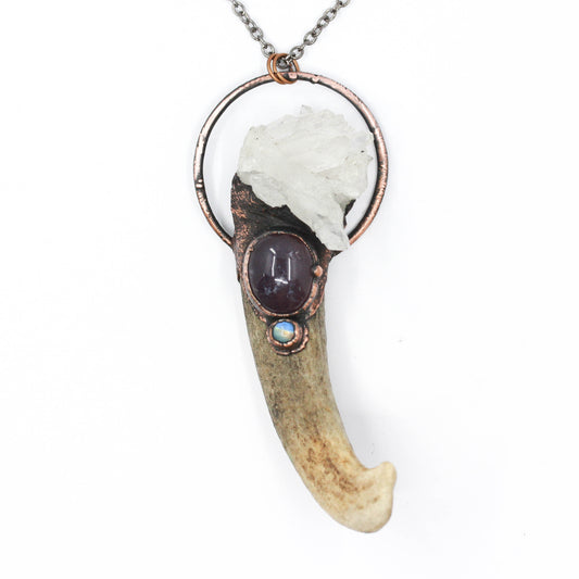 Quartz, Chalcedony & Moonstone Deer Antler Necklace