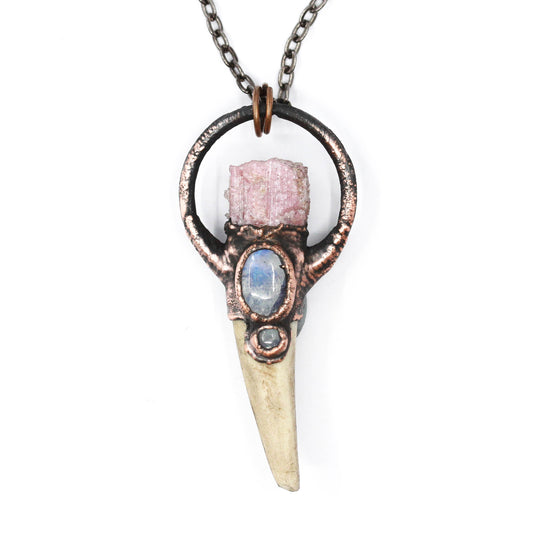 Small Deer Antler, Pink Tourmaline & Moonstone Necklace