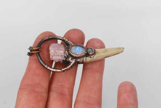 Small Deer Antler, Pink Tourmaline & Moonstone Necklace