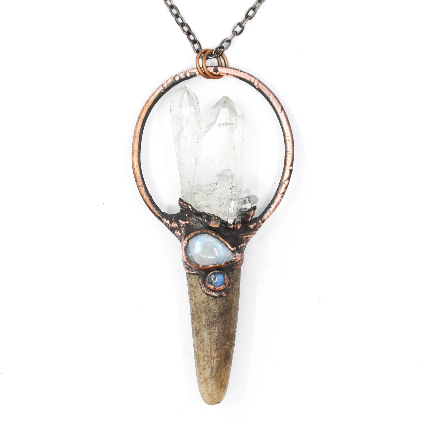 Small Deer Antler, Quartz & Moonstone Necklace