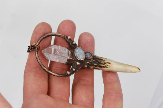 Deer Antler, Quartz & Moonstone Necklace