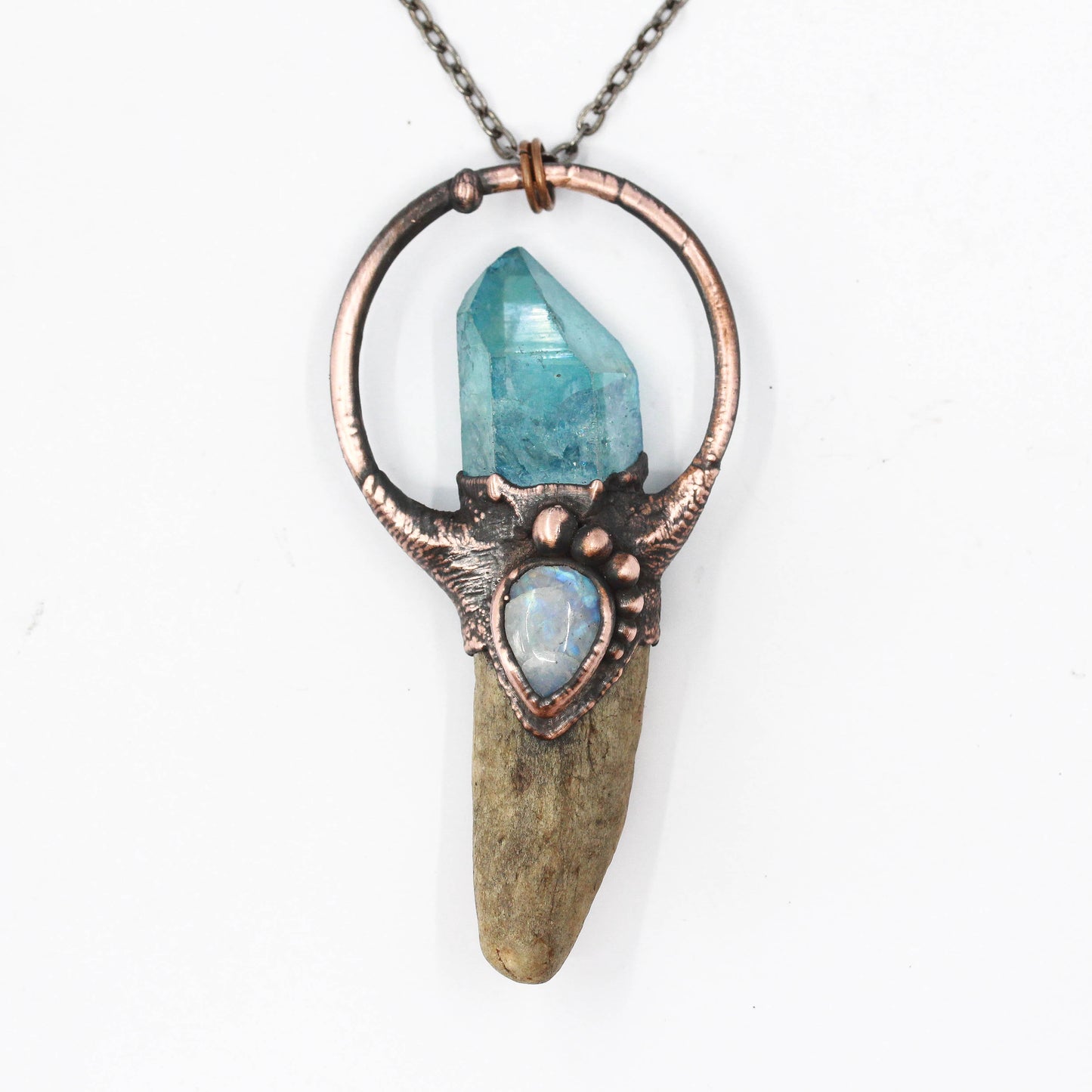 Deer Antler, Aqua Aura Quartz & Moonstone Necklace