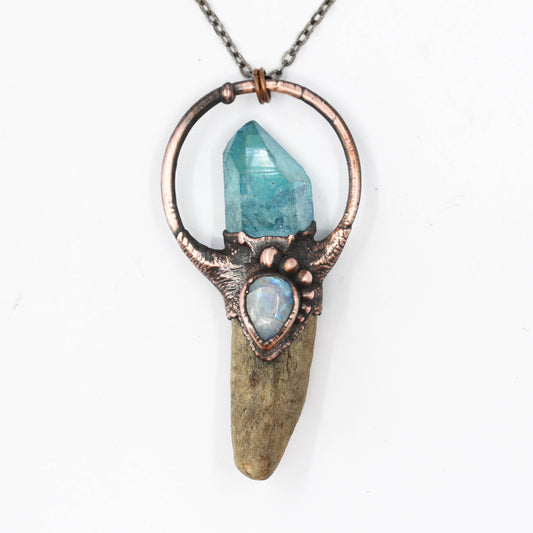 Deer Antler, Aqua Aura Quartz & Moonstone Necklace