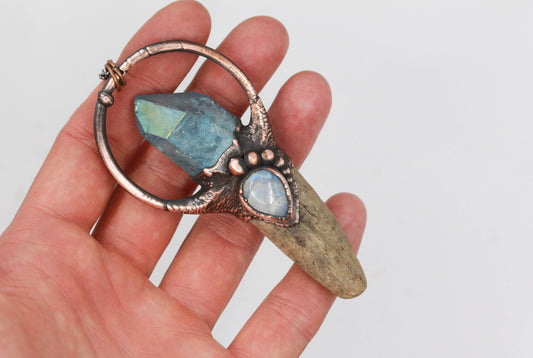 Deer Antler, Aqua Aura Quartz & Moonstone Necklace
