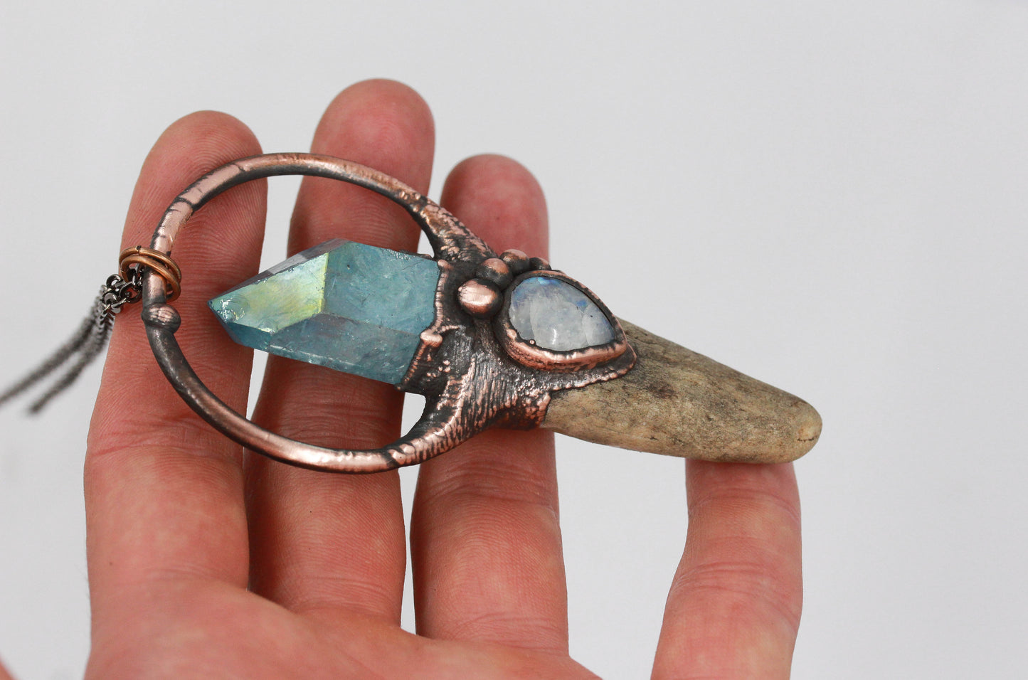 Deer Antler, Aqua Aura Quartz & Moonstone Necklace