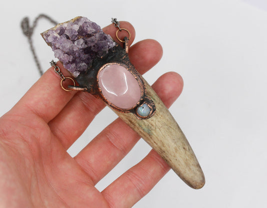 Deer Antler, Amethyst & Rose Quartz Necklace