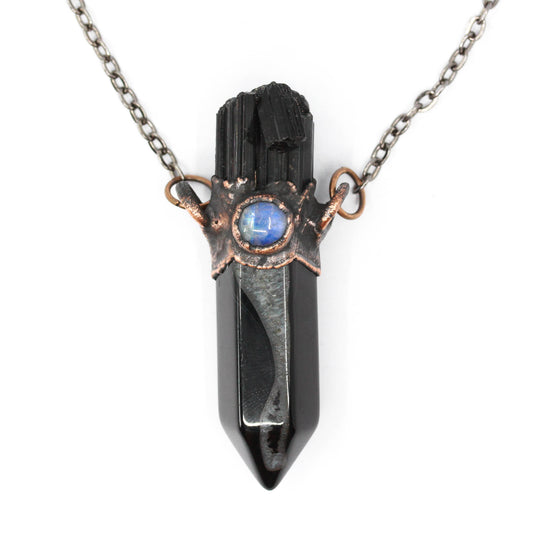 Banded Agate, Black Tourmaline & Moonstone Necklace