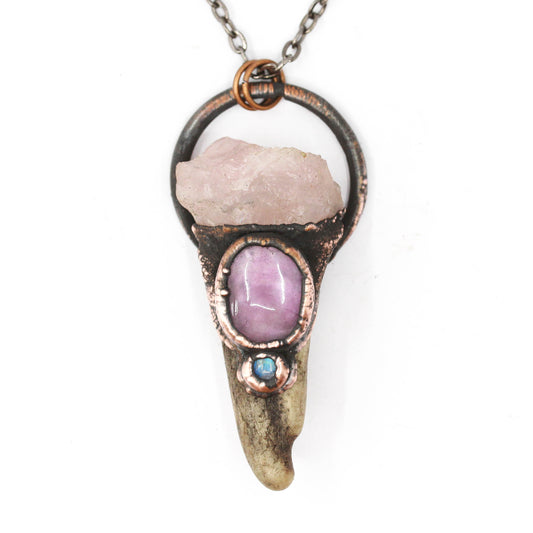 Deer Antler, Rose Quartz, Fluorite & Moonstone Necklace