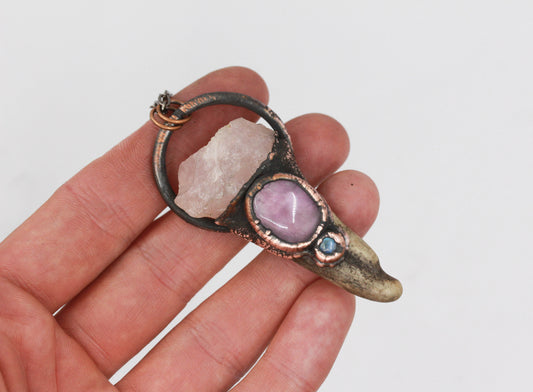 Deer Antler, Rose Quartz, Fluorite & Moonstone Necklace
