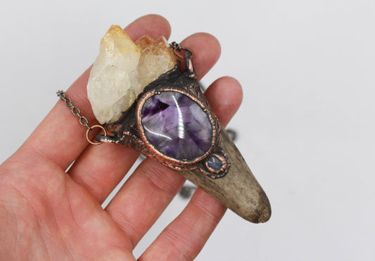 Deer Antler, Amethyst & Aura Citrine Necklace
