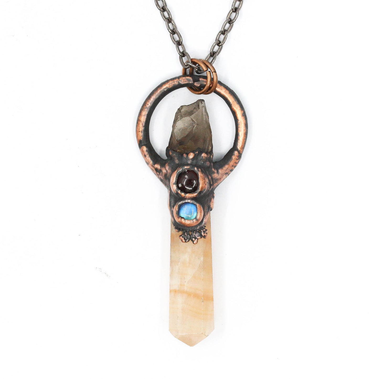Orange Calcite, Smoky Quartz & Garnet Necklace
