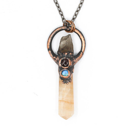 Orange Calcite, Smoky Quartz & Garnet Necklace