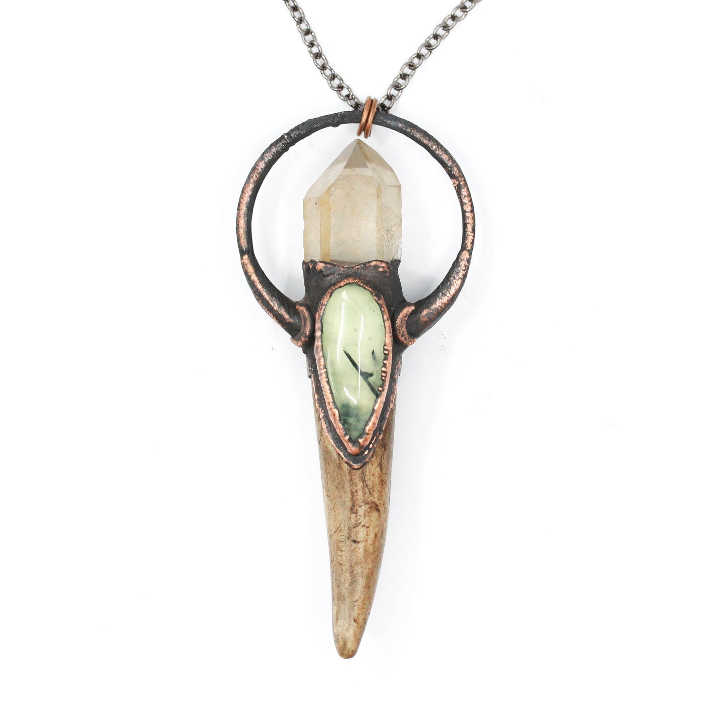 Deer Antler, Quartz & Prehnite Moon Necklace