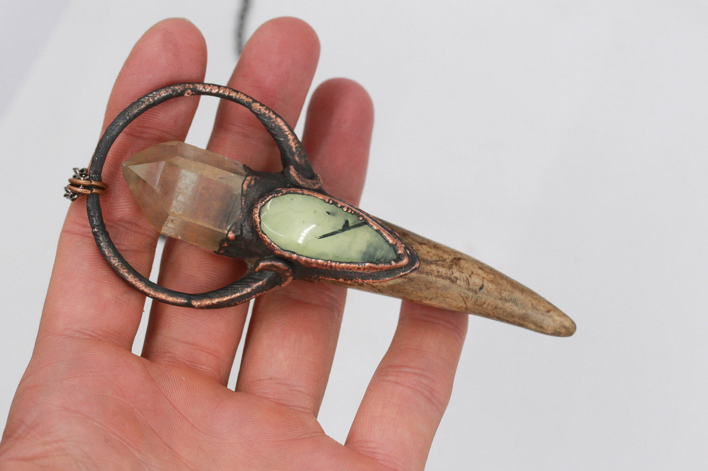 Deer Antler, Quartz & Prehnite Moon Necklace