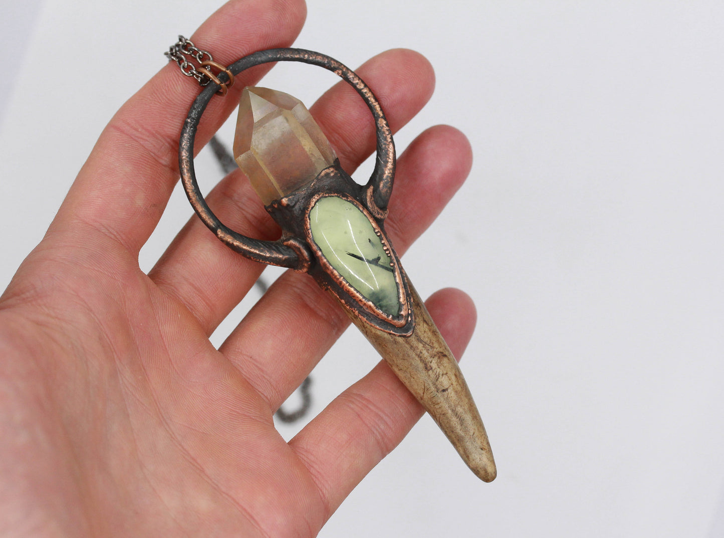 Deer Antler, Quartz & Prehnite Moon Necklace