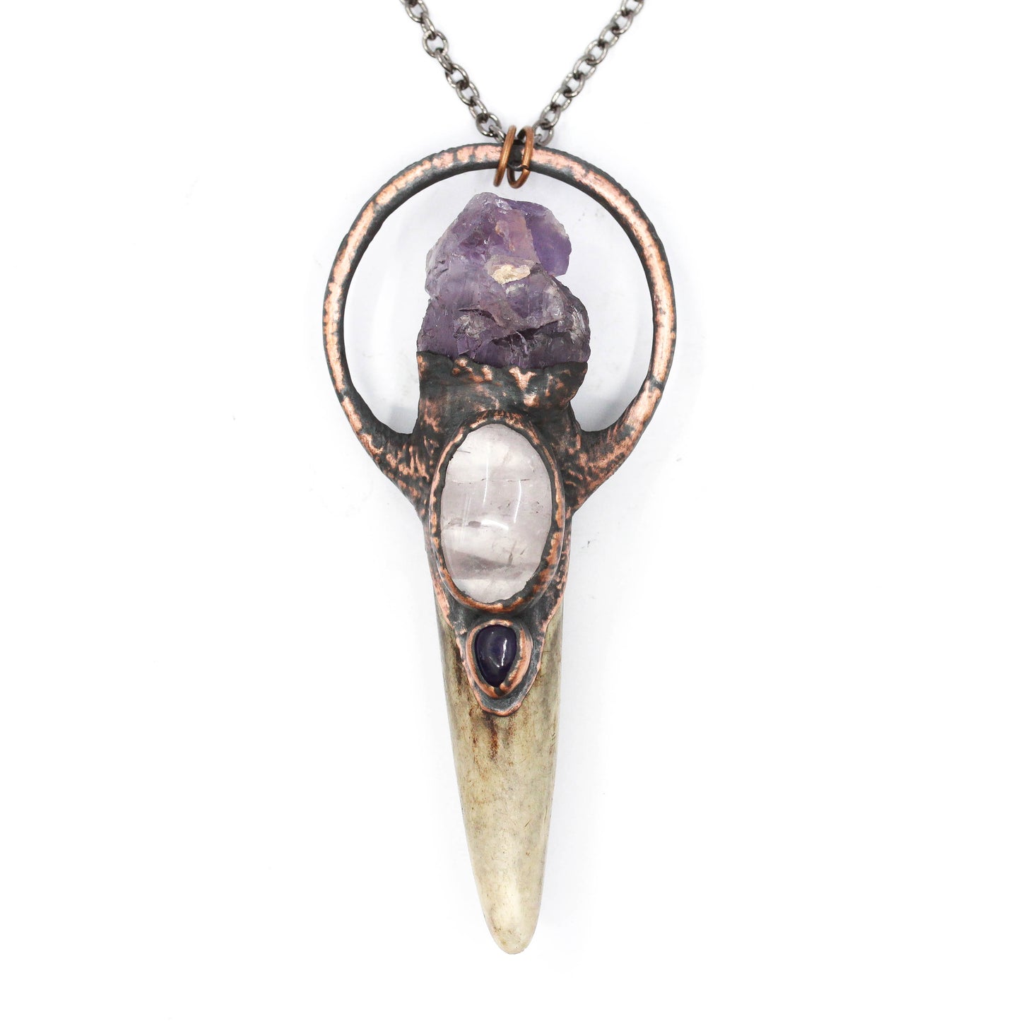 Deer Antler, Rose Quartz & Amethyst Necklace
