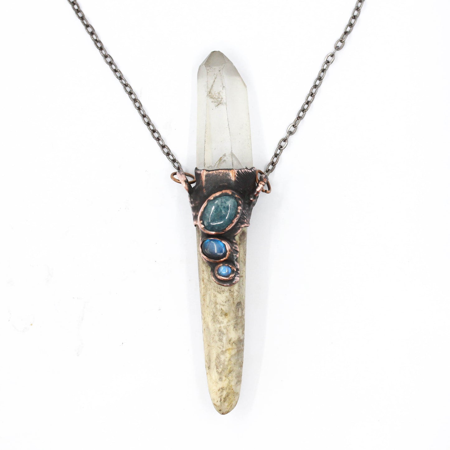 Deer Antler, Quartz & Aquamarine Necklace