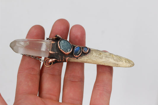 Deer Antler, Quartz & Aquamarine Necklace