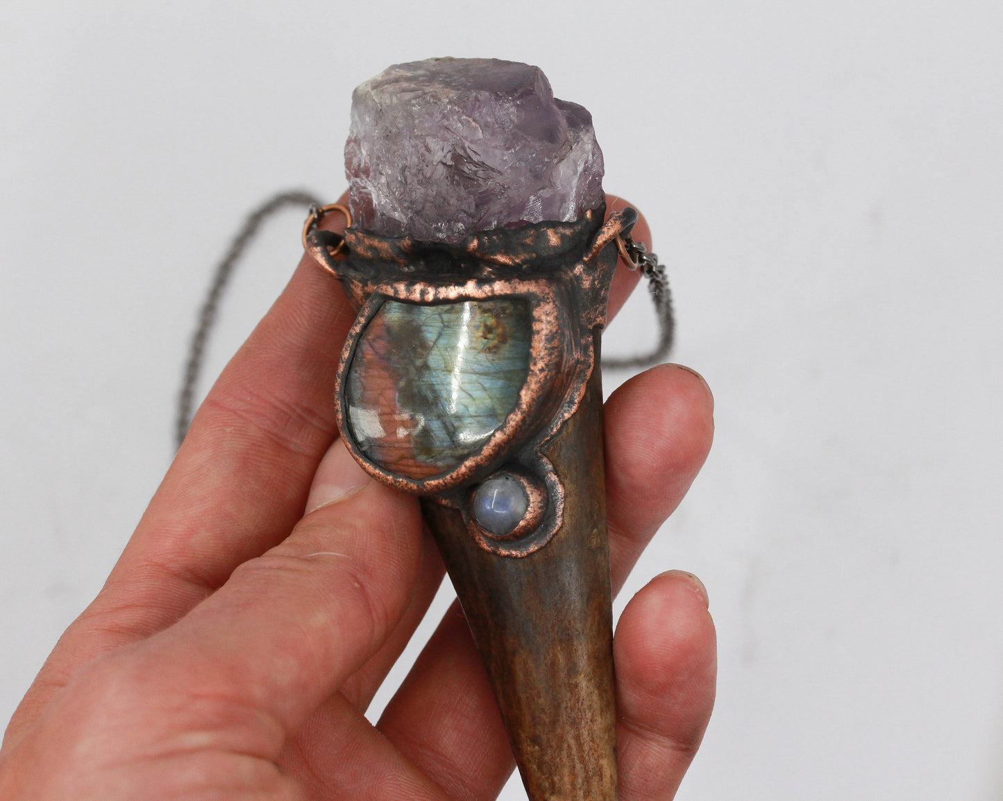Large Deer Antler, Amethyst & Labradorite Necklace