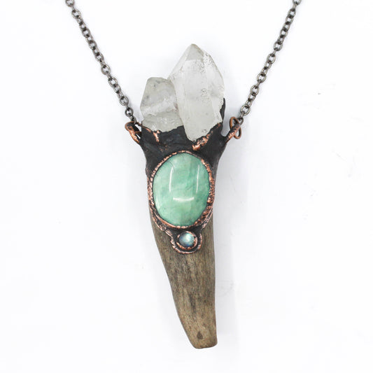 Deer Antler, Quartz & Fluorite Necklace