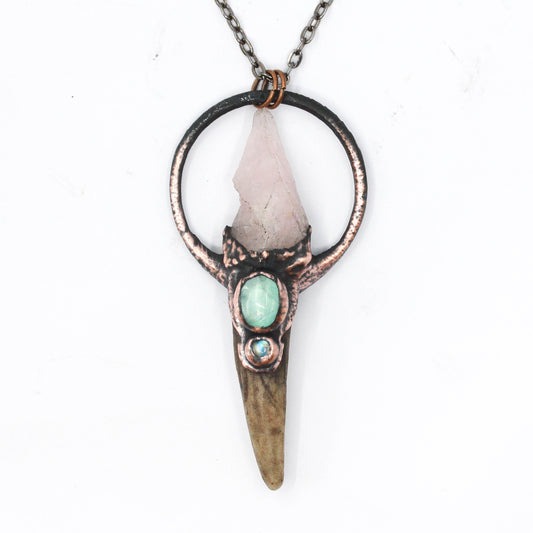 Deer Antler, Rose Quartz & Fluorite Necklace