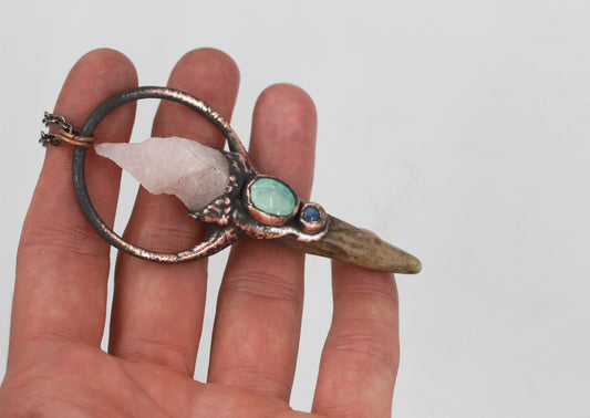Deer Antler, Rose Quartz & Fluorite Necklace