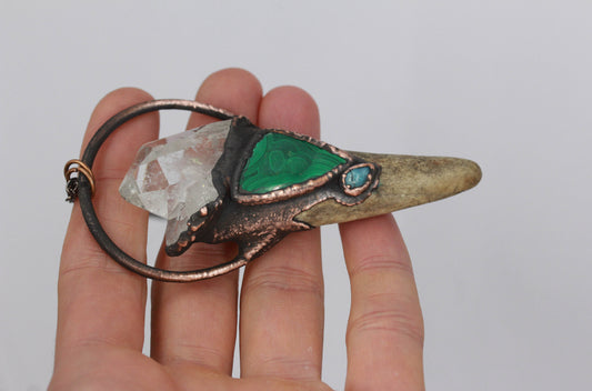 Deer Antler, Quartz & Malachite Necklace