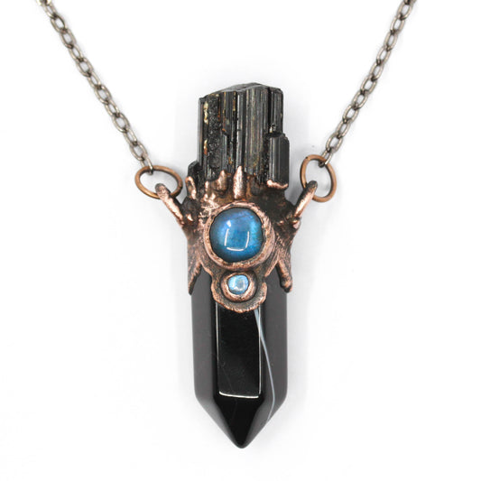 Banded Agate, Black Tourmaline & Labradorite Necklace